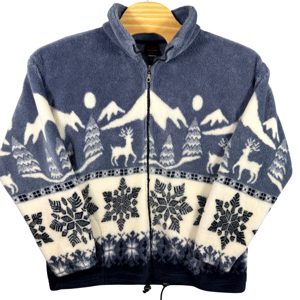 VINTAGE 90s Mazmania Fleece‎ Jacket Mens Large Blue Winter Scene Snowflake USA